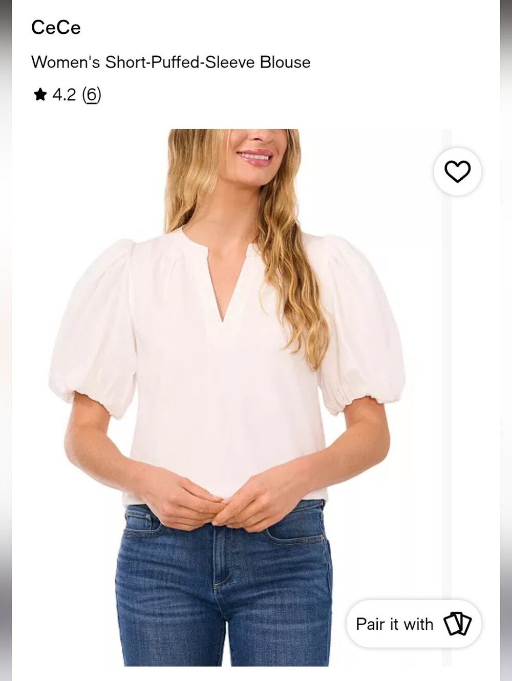 CeCe Linen Blend Puffy Short Sleeve Top, Ivory Sz Med
